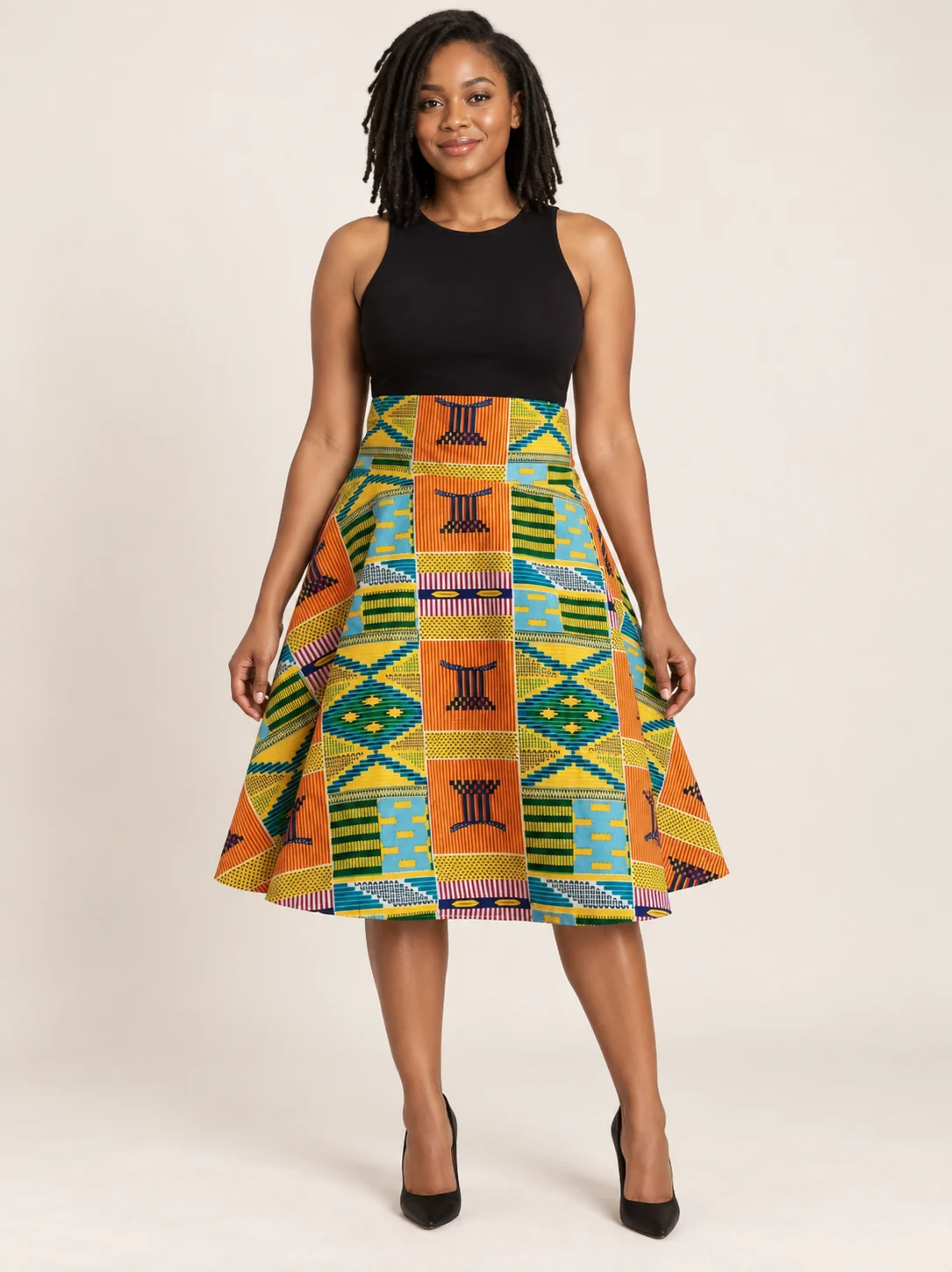 Kente Print Half-Circle Cotton Skirt with Pockets
