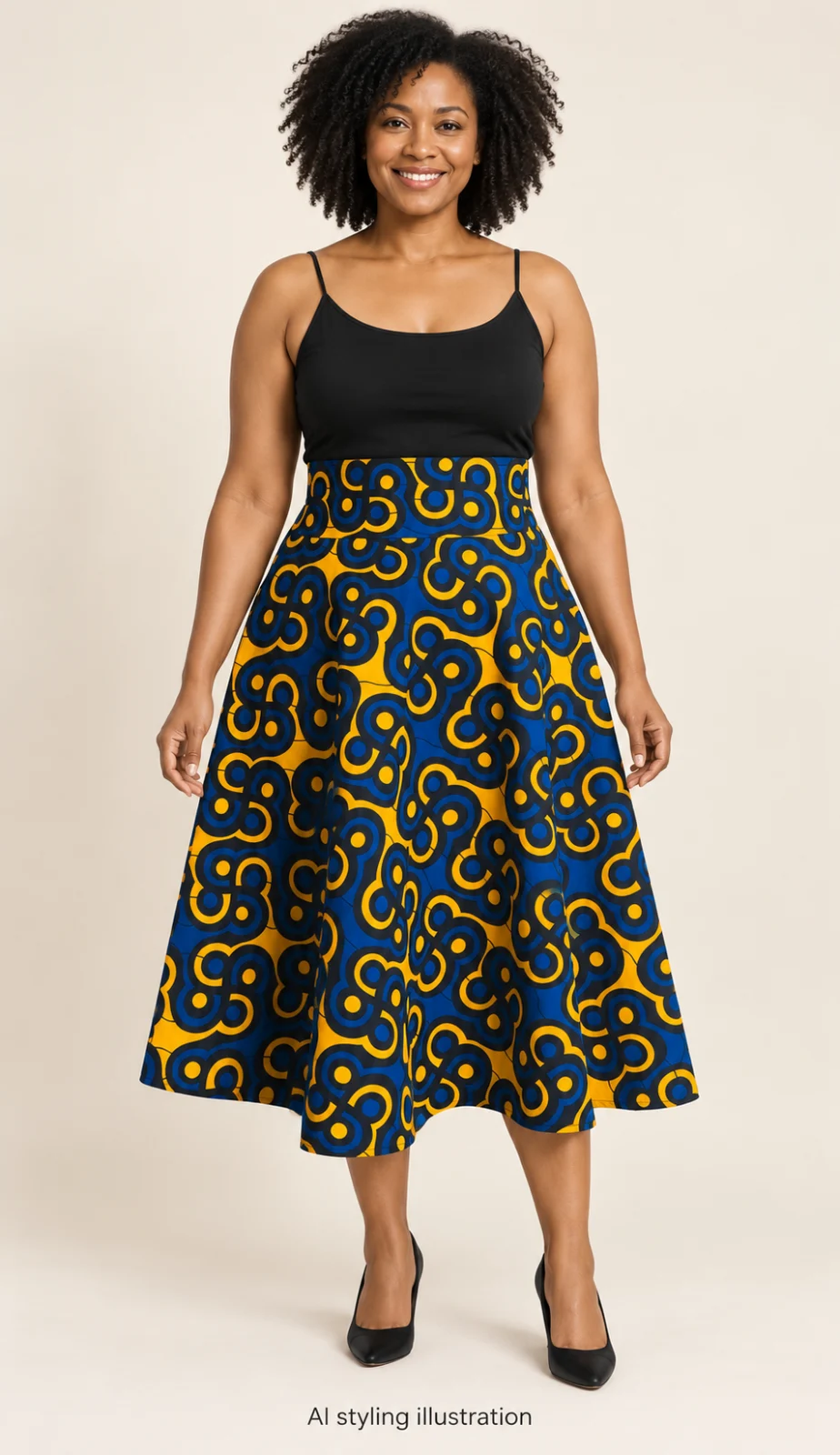 AI styling illustration — blue, yellow and black high waist skirt; illustrative fit and drape